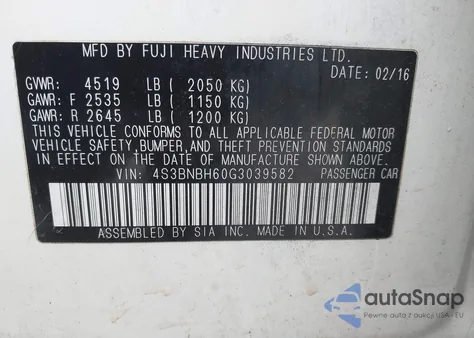 2016 Subaru Legacy 2.5I Premium from USA, damaged, VIN 4S3BNBH60G3039582